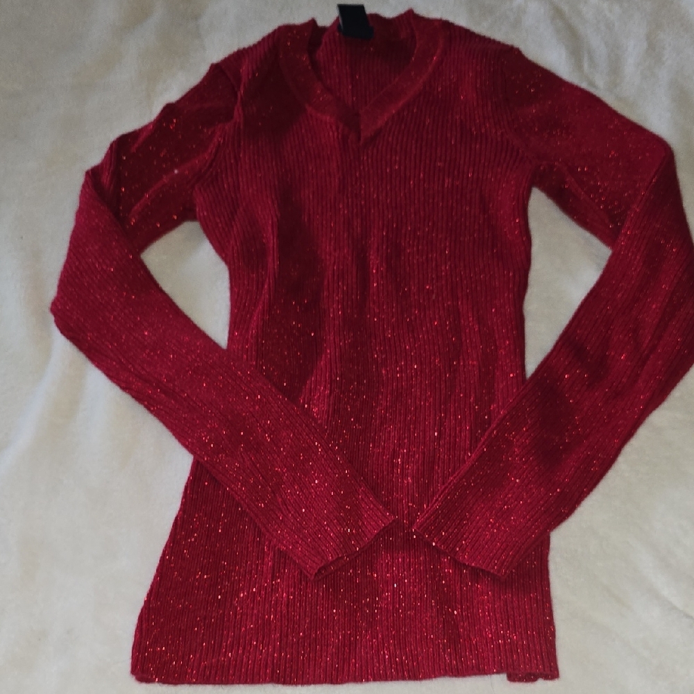 Red Sparkle V-Neck Women's Sweater